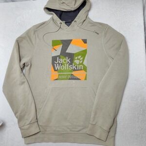 Jack Wolfskin Hoodie Mens Large Beige Pullover Hooded Pockets Lined Graphic